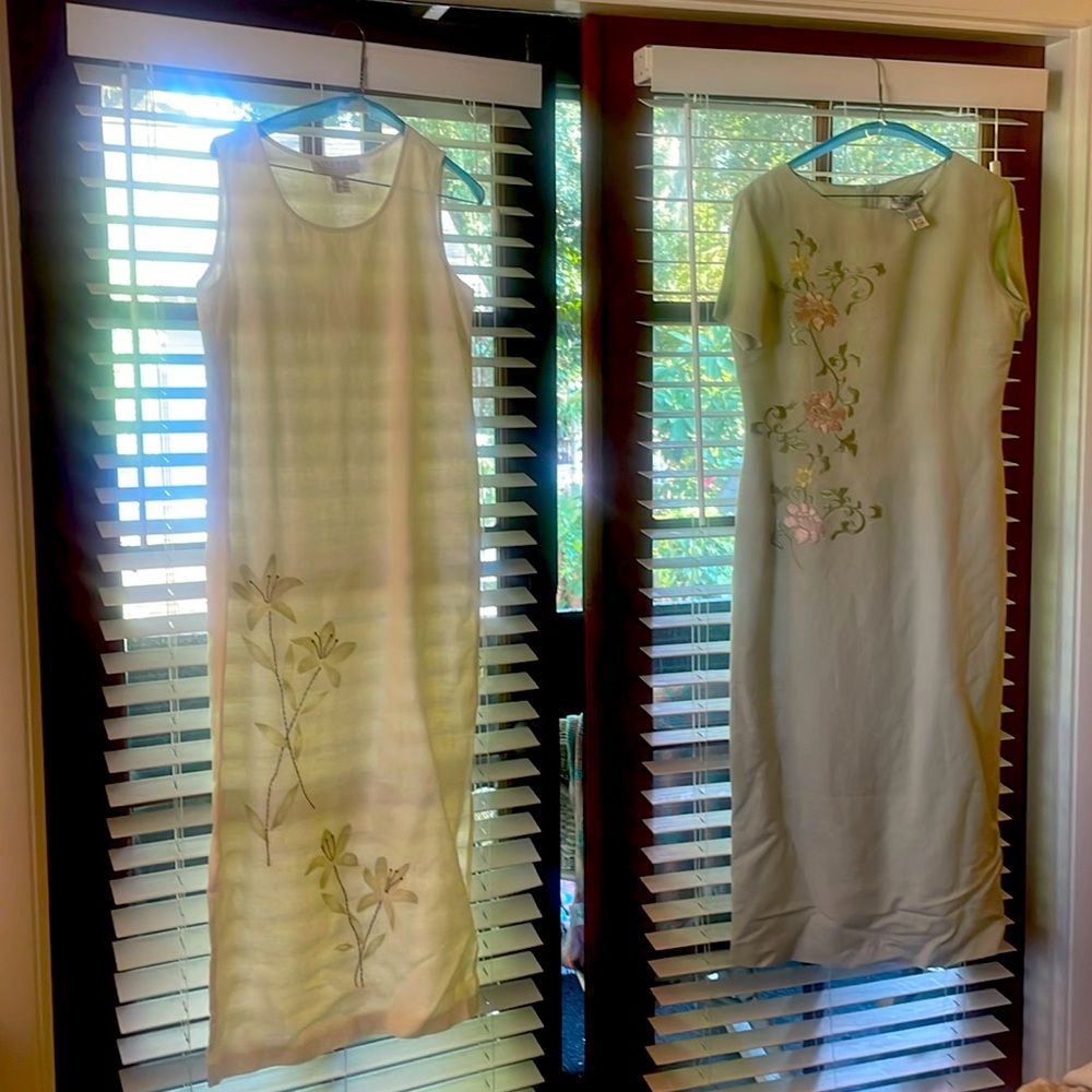 Ivory and pale green linen dresses